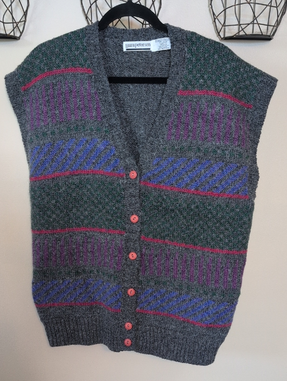 Gray Patterned Button-Front Mohair Sweater Vest